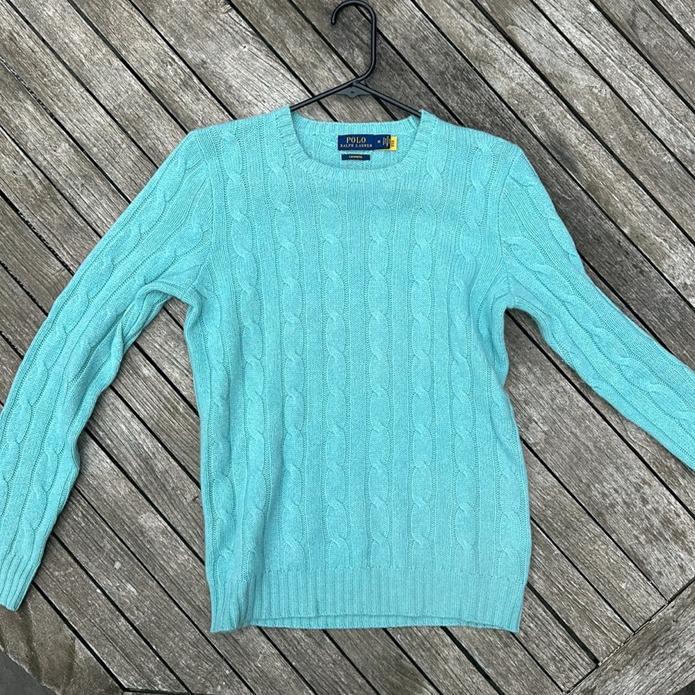 100% Cashmere Ralph Lauren Teal Cable Knit Sweater Never Worn